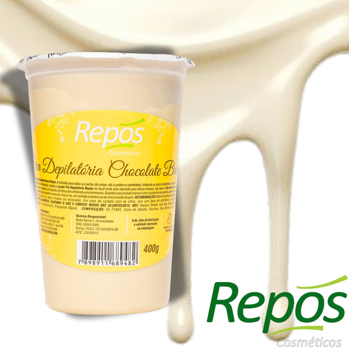 CERA DEPILATÓRIA EM POTE CHOCOLATE BRANCO REPOS 400G