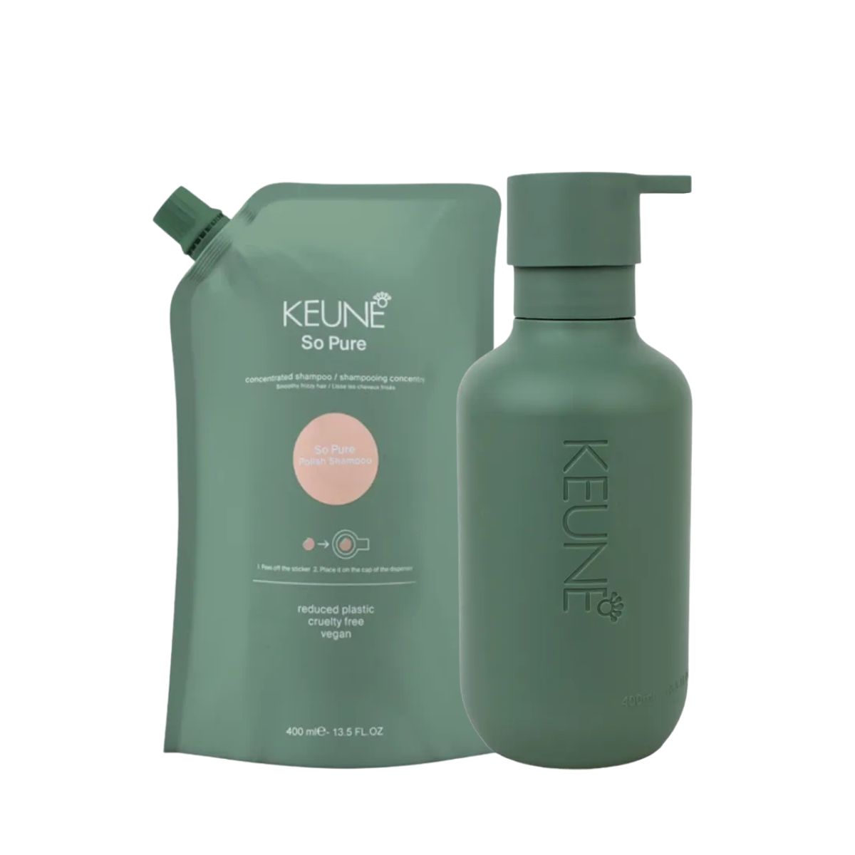 KIT KEUNE SÓ PURE POLISH SHAMPOO REFILL 400ML + FRASCO COM PUMP 400ML