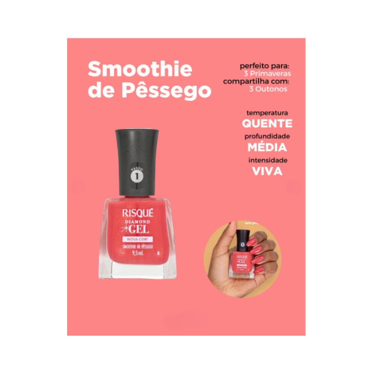 ESMALTE RISQUÉ CREMOSO DIAMOND GEL SMOOTHIE PÊSSEGO 9,5ML