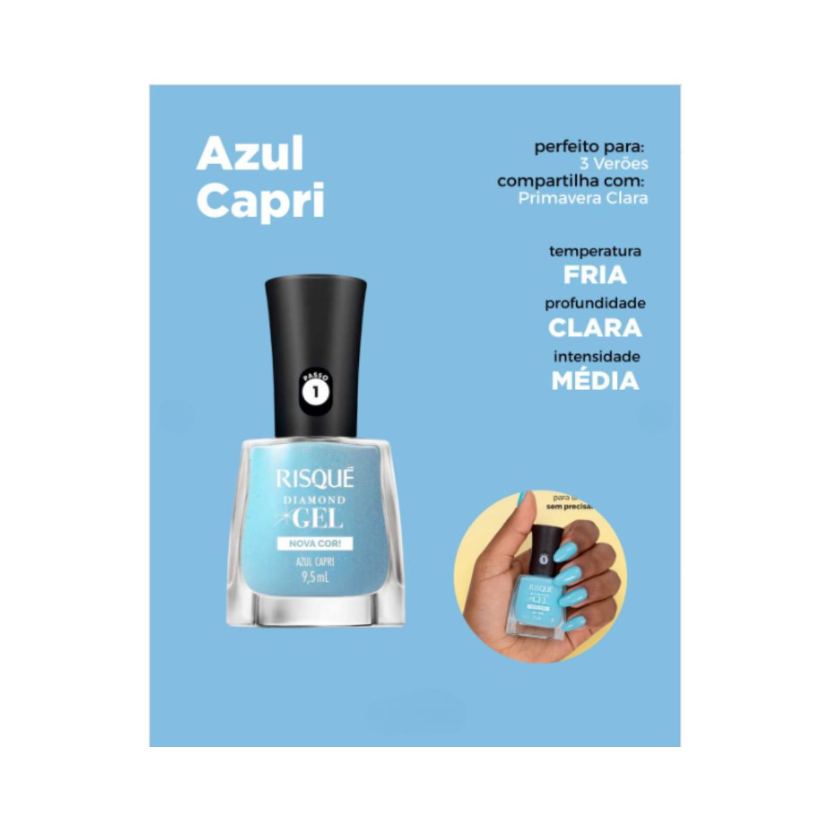 ESMALTE RISQUÉ CREMOSO DIAMOND GEL AZUL CAPRI 9,5ML