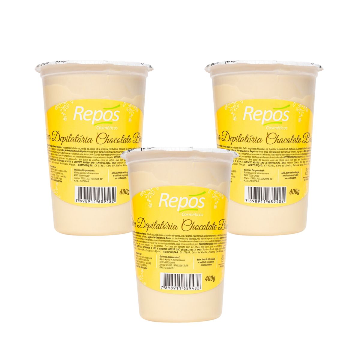 KIT REPÓS 3 CERAS DEPILATÓRIAS EM POTE CHOCOLATE BRANCO 400G