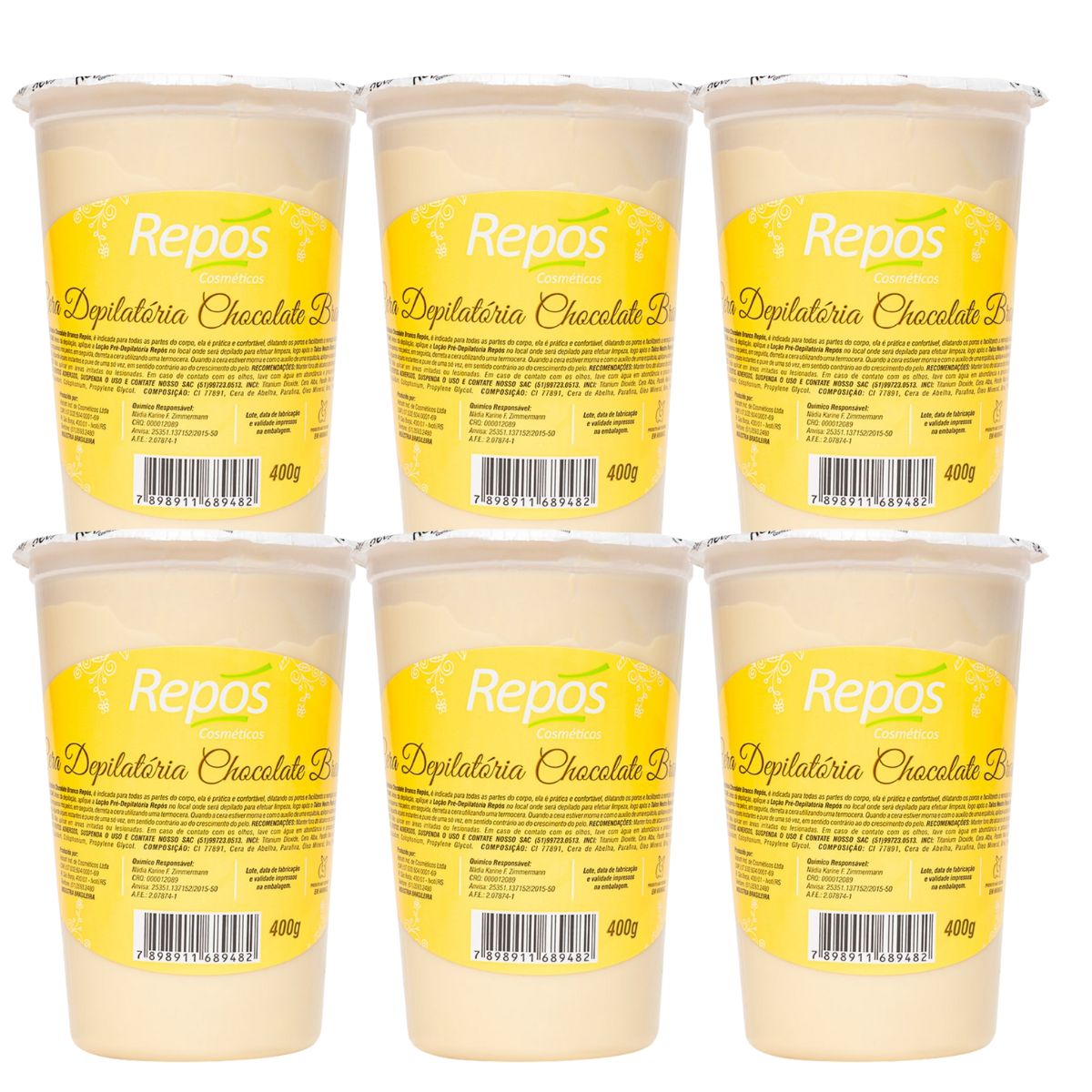 KIT REPÓS 6 CERAS DEPILATÓRIAS EM POTE CHOCOLATE BRANCO 400G