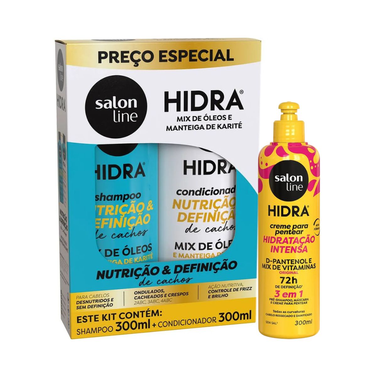 KIT SALON LINE CREME DE PENTEAR HIDRA 3 EM 1 D-PANTENOL 300ML + SHAMPOO E CONDIC