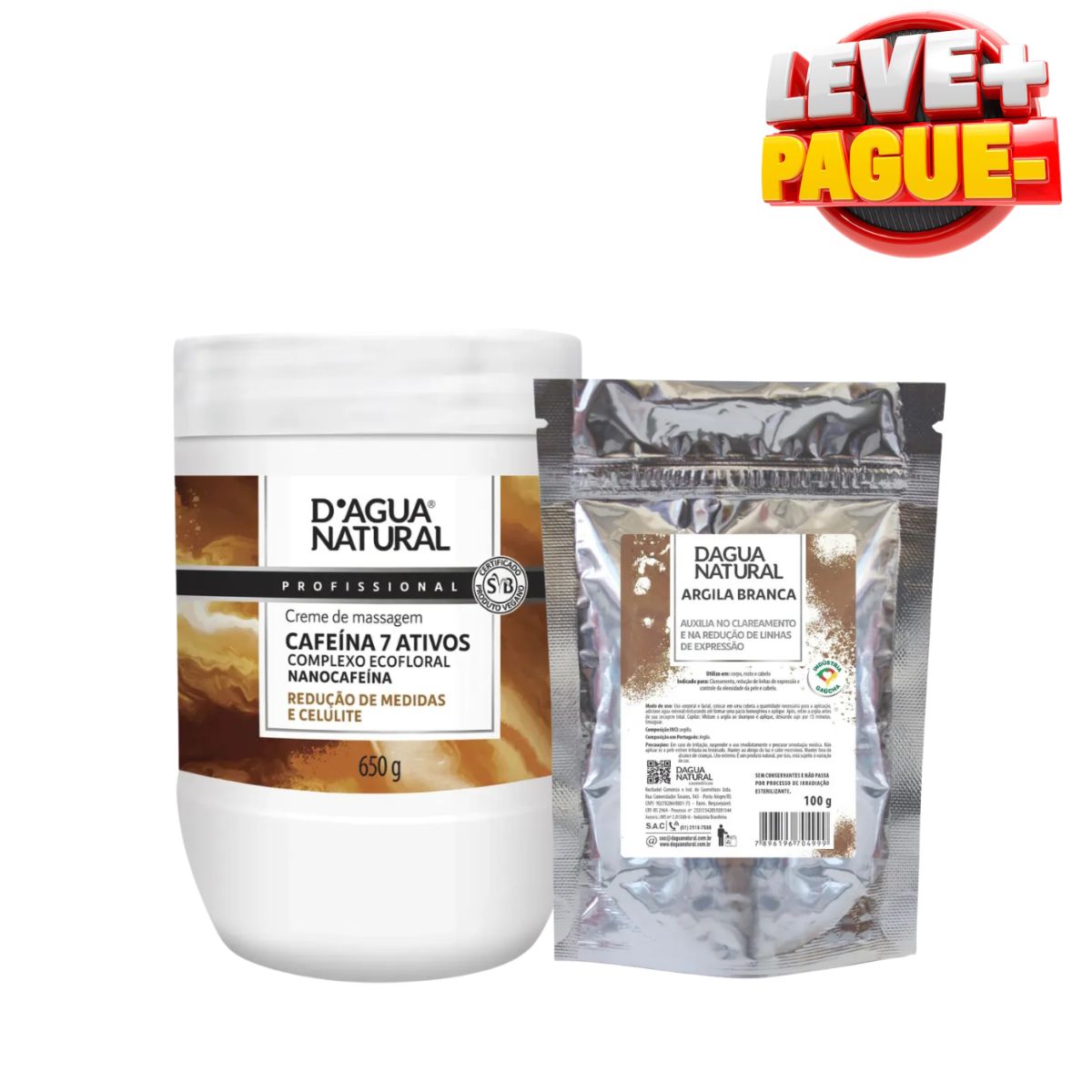 KIT DAGUA NATURAL CREME DE MASSAGEM CAFEÍNA 7 ATIVOS 650G + ARGILA BRANCA EM SAC