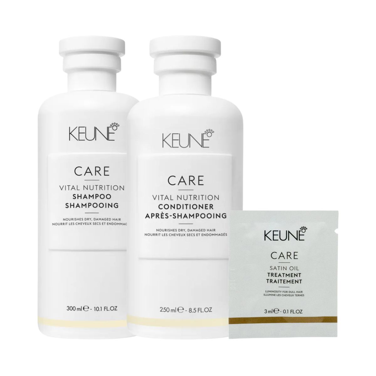 KIT KEUNE SHAMPOO 300ML + CONDICONADOR CARE VITAL NUTRITION 250ML + GRÁTIS SACHÊ