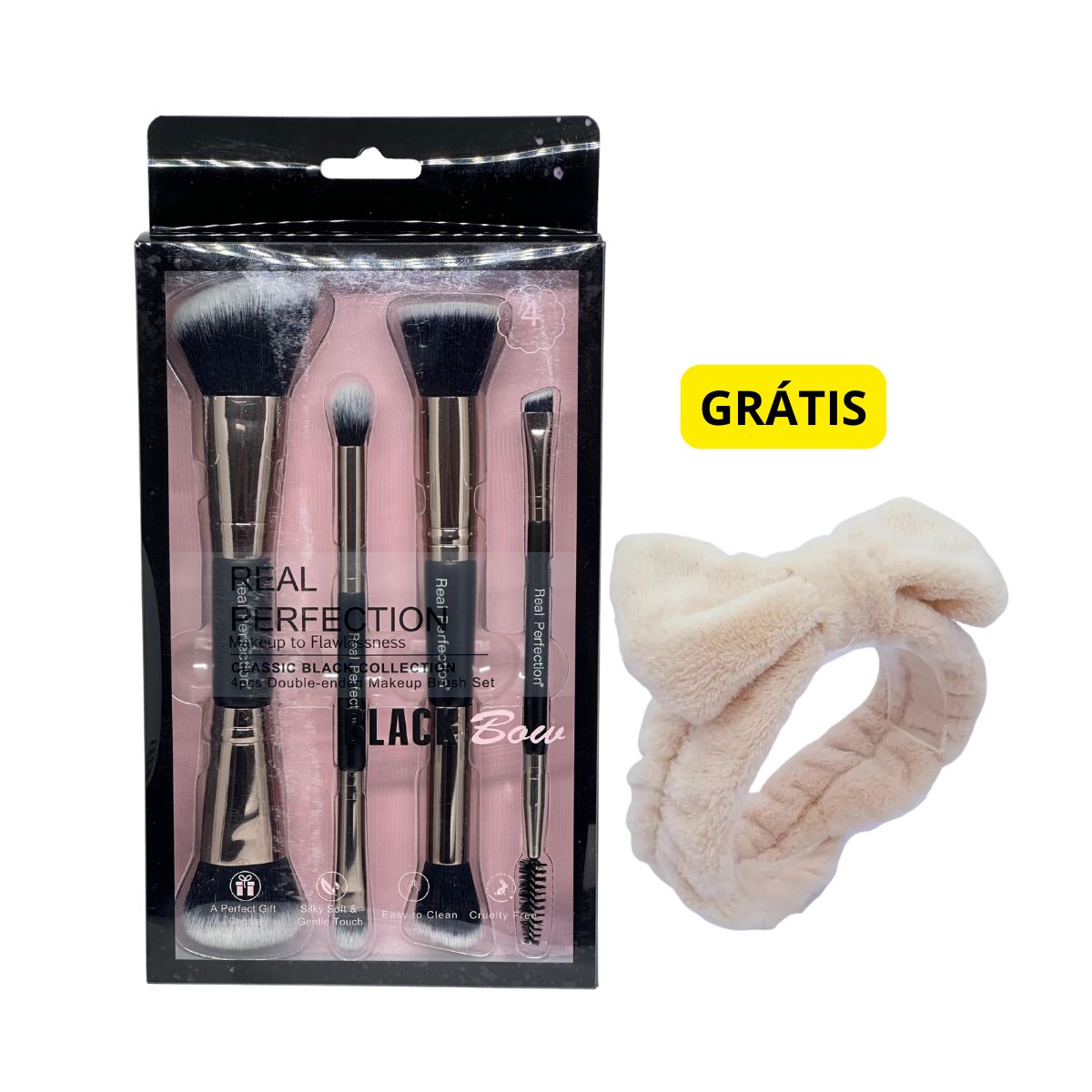 KIT REAL PERFECTION 4 PINCEIS DOUBLE R2009 + GRÁTIS FAIXA ATOALHADA PARA MAQUIAG