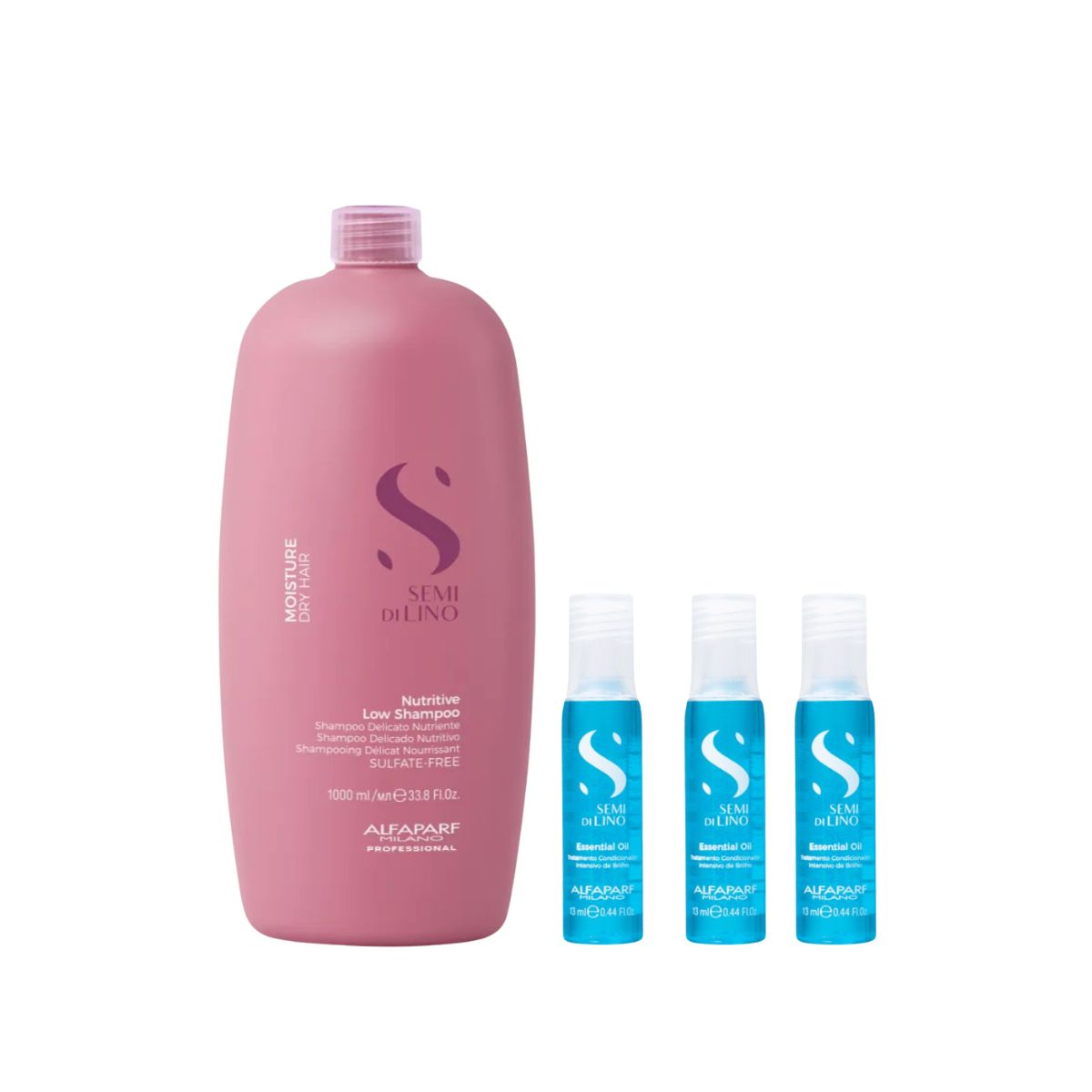 KIT ALFAPARF SHAMPOO SEMI DI LINO NUTRITIVE MOISTURE DRY HAIR 1L + TRÊS AMPOLAS