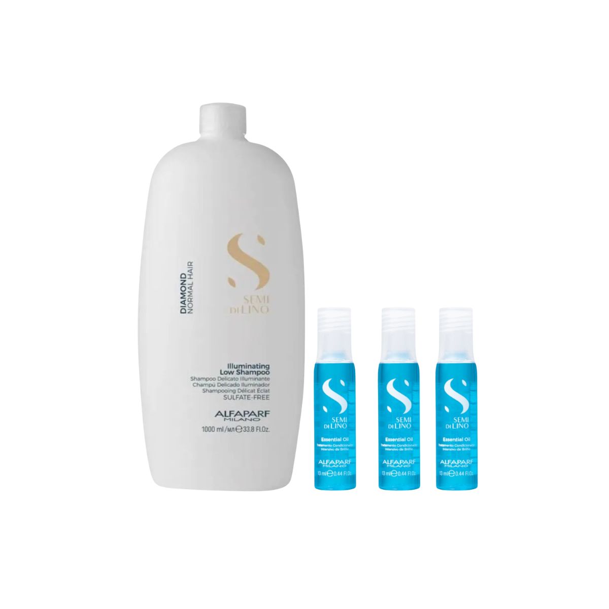 KIT ALFAPARF SHAMPOO SEMI DI LINO ILLUMINATING DIAMOND HAIR 1L + TRÊS AMPOLAS SE
