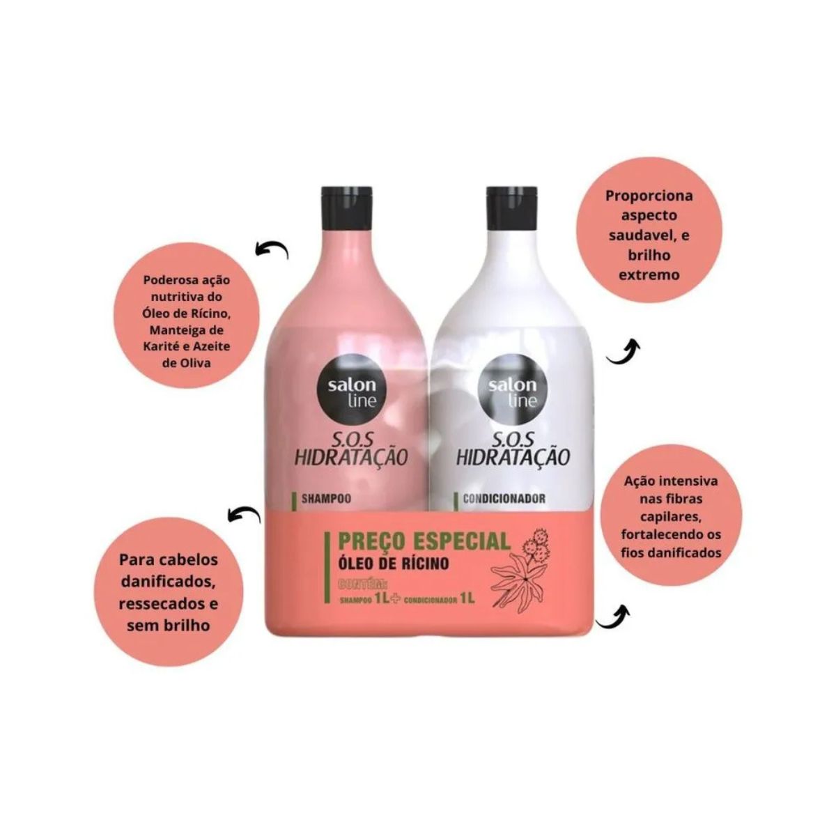 KIT SHAMPOO+CONDICIONADOR SOS HIDRATACAO OLEO DE RICINO SALON LINE 1L