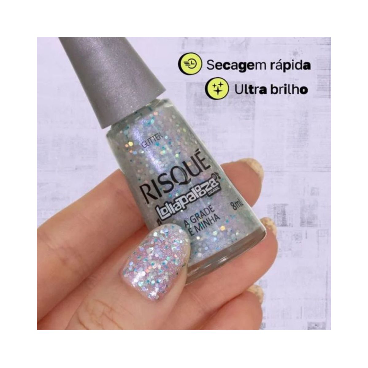 ESMALTE RISQUE LOLLAPALOOZA GLITTER A GRADE É MINHA 8ML