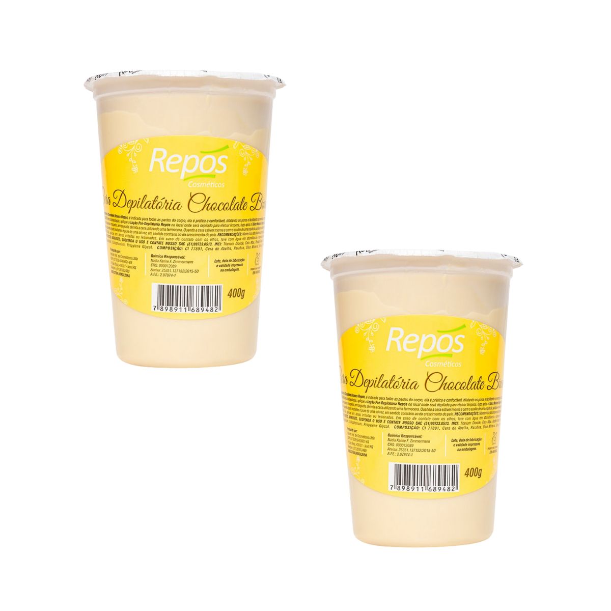 KIT REPOS 2 CERAS DEPILATÓRIAS EM POTE DE CHOCOLATE BRANCO 400G