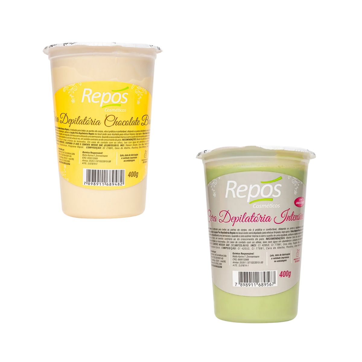 KIT REPOS 1 CERA DEPILATÓRIA DE CHOCOLATE BRANCO 400 + 1 CERA DEPILATÓRIA INTENS