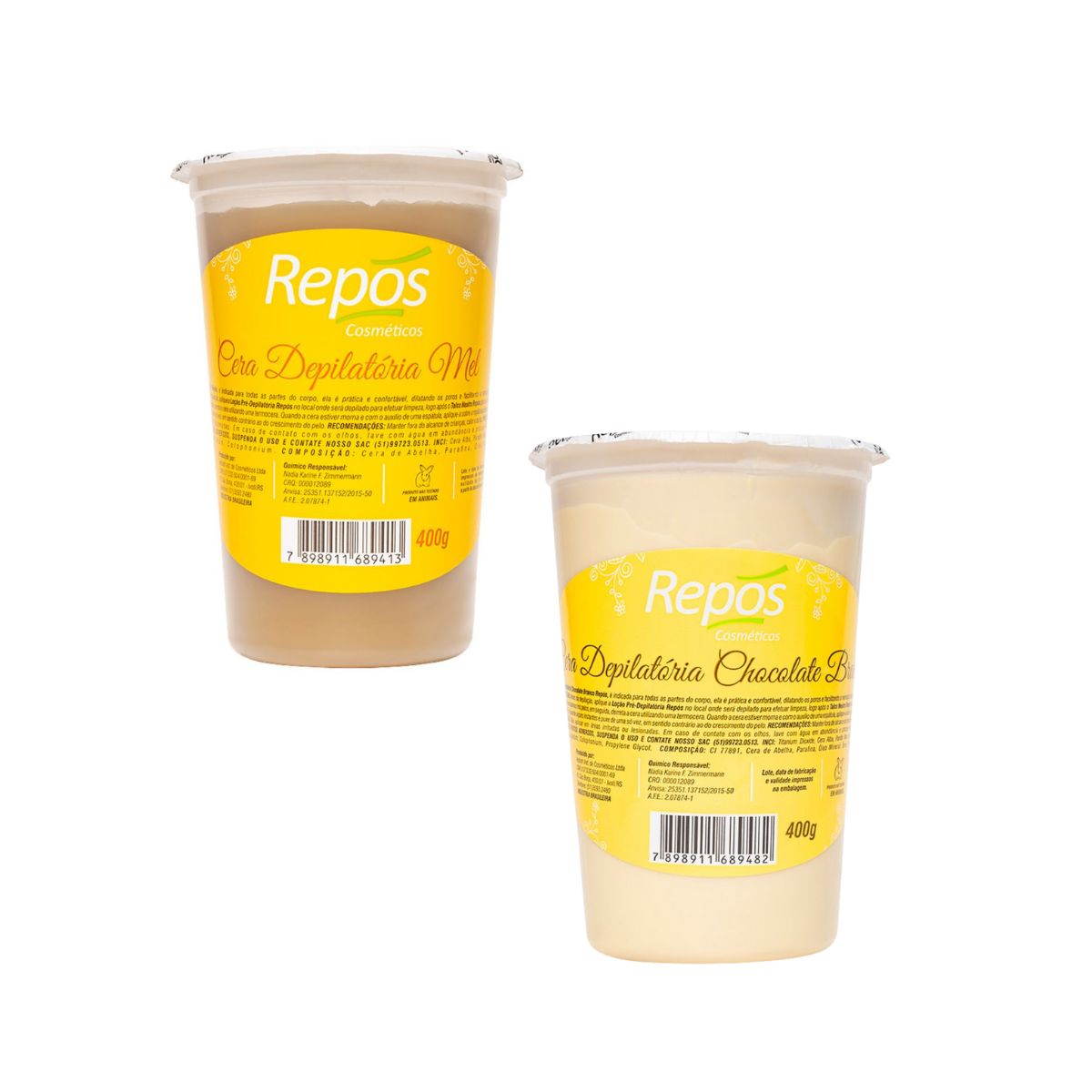 KIT REPOS 1 CERA DEPILATÓRIA MEL 400G + CERA DEPILATÓRIA CHOCOLATE BRANCO 400G