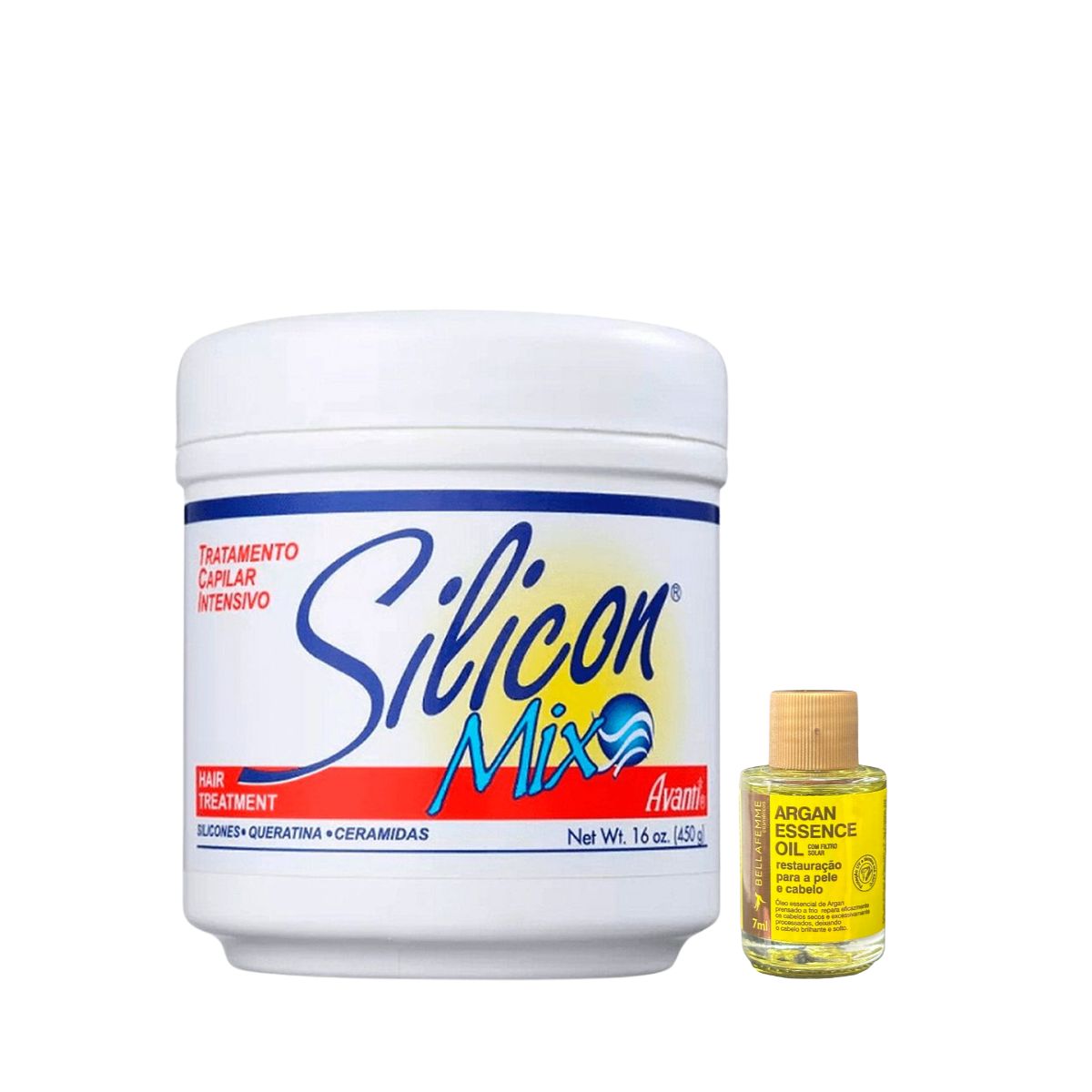KIT SILICON MIX MÁSCARA HIDRATANTE 450G + ÓLEO DE ARGAN BELLA FEMME 7ML