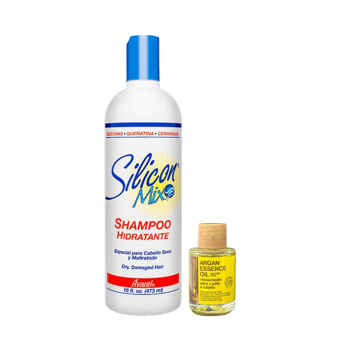 KIT SILICON MIX SHAMPOO HIDRATANTE 473ML + ÓLEO DE ARGAN BELLA FEMME 7ML