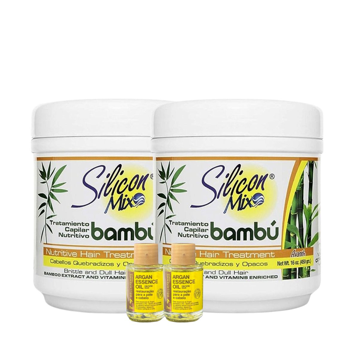 KIT SILICON MIX 2 MÁSCARA DE BAMBU 450G + 2 ÓLEO DE ARGAN BELLA FEMME 7ML