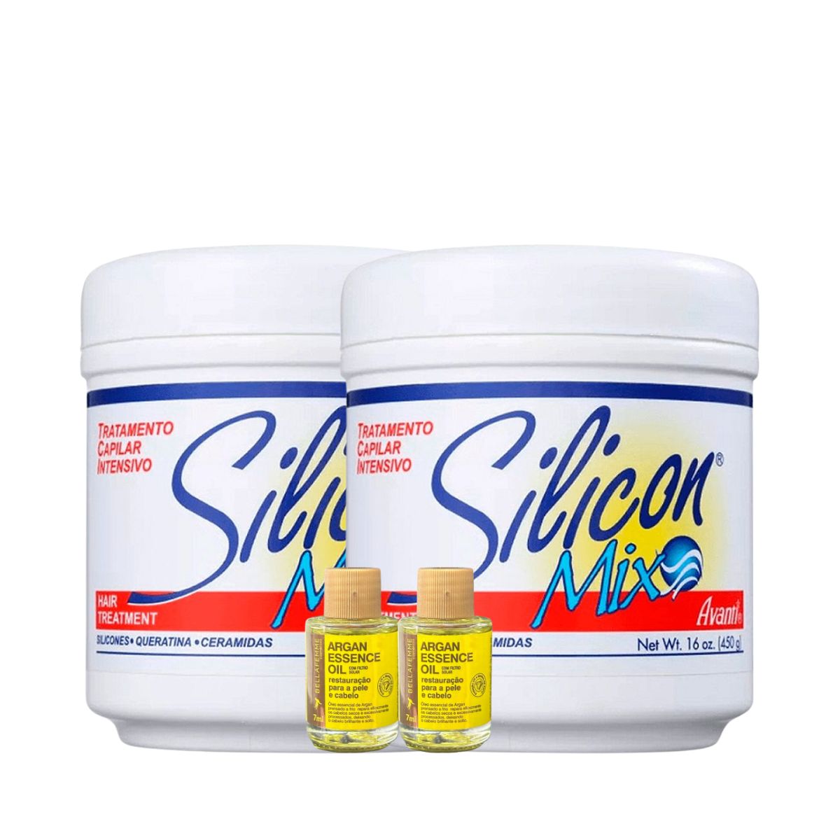KIT SILICON MIX 2 MÁSCARAS HIDRATANTES 450G + 2 ÓLEOS DE ARGAN BELLA FEMME 7ML