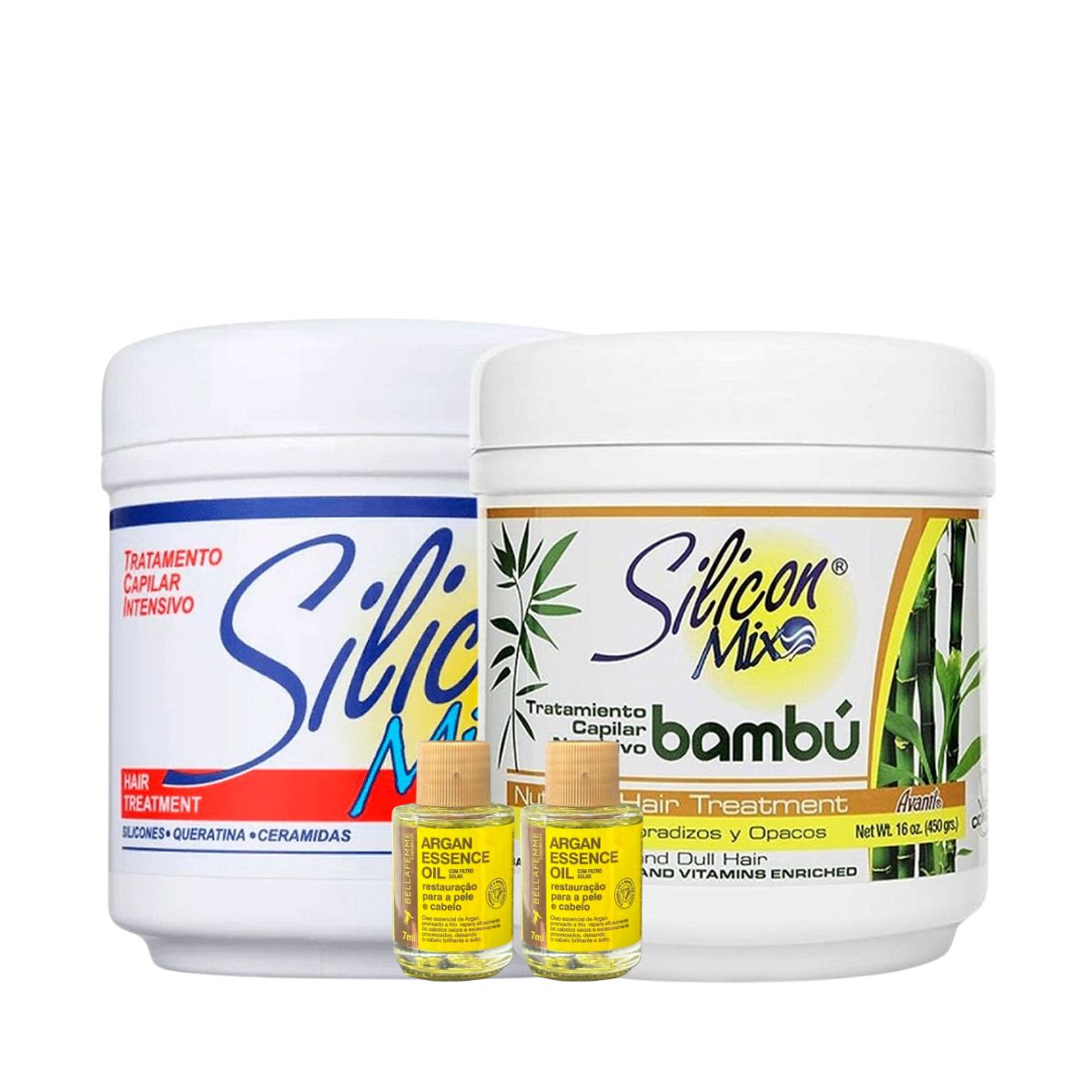 KIT SILICON MIX 1 MÁSCARA HIRDATANTE 450G + 1 MÁSCARA DE BAMBU + 2 ÓLEOS DE ARGA
