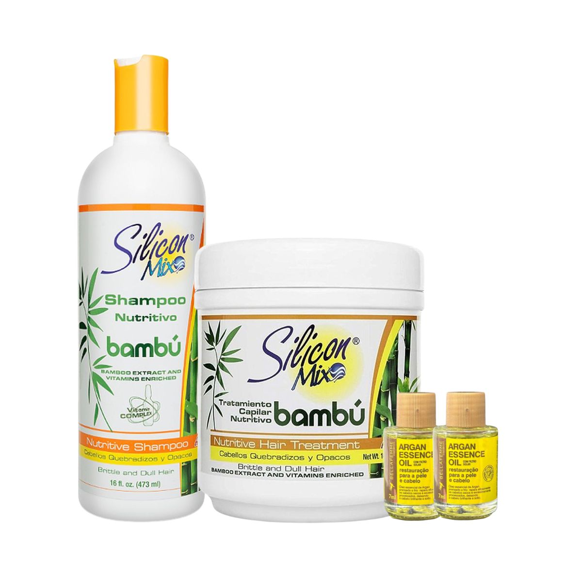 KIT SILICON MIX SHAMPOO BAMBU 473ML + MÁSCARA BAMBU 450G + 2 ÓLEOS BELLA FEMME 7