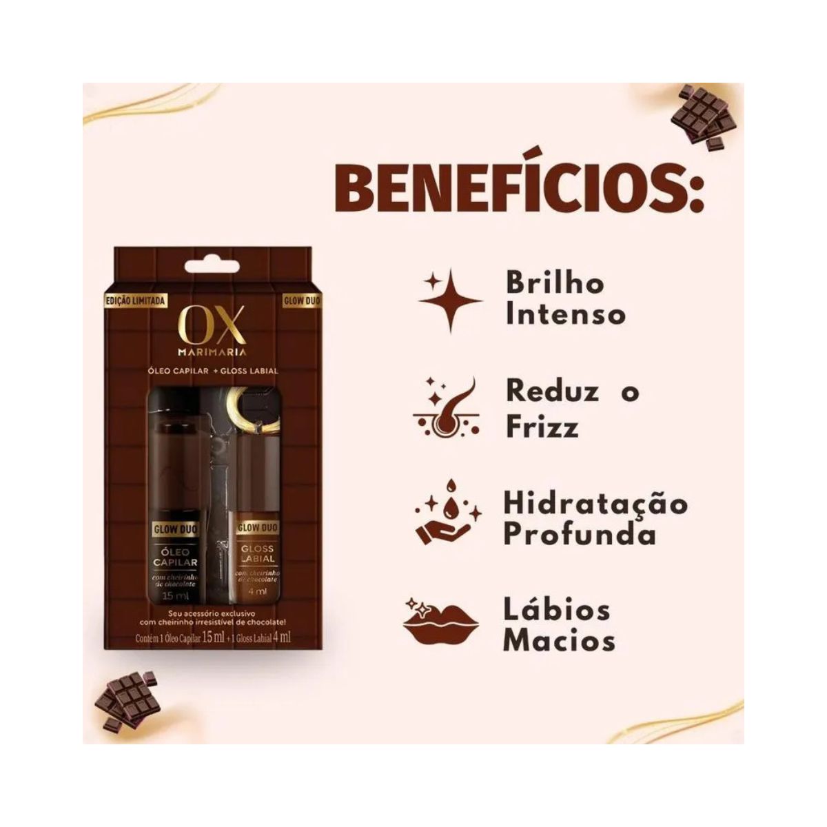 KIT OX MARI MARIA OLEO CAPILAR 15ML + GLOSS LABIAL 4ML COM CHEIRINHO DE CHOCOLAT