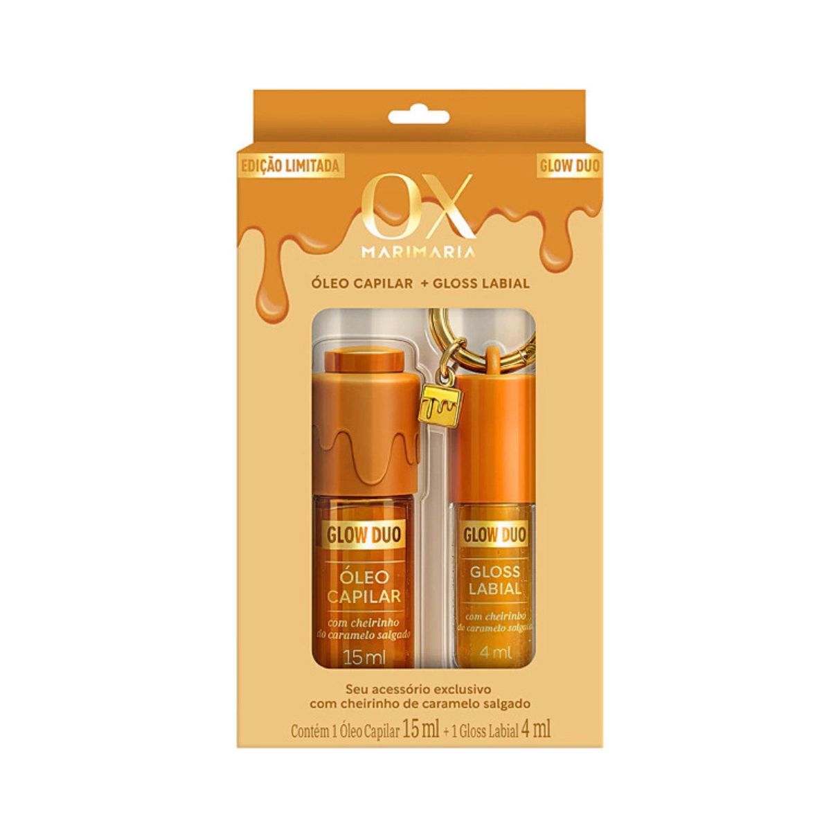 KIT OX MARI MARIA OLEO CAPILAR 15ML + GLOSS LABIAL 4ML COM CHEIRINHO DE CARAMELO