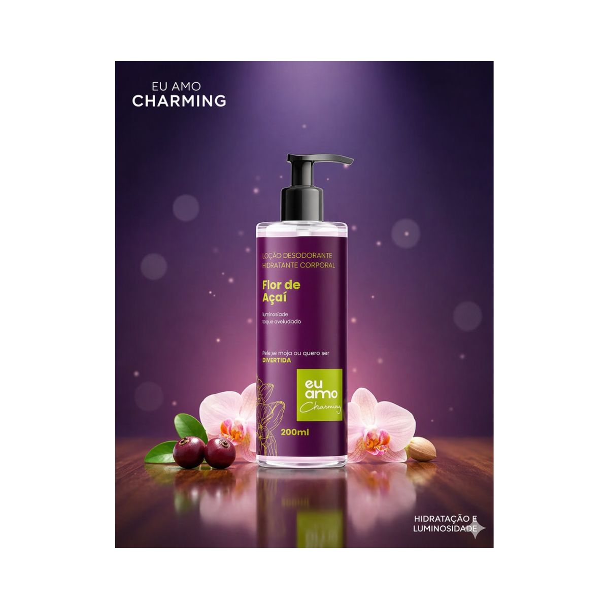 LOÇÃO DESODORANTE HIDRATANTE EU AMO CHARMING FLOR DE AÇAI 200ML