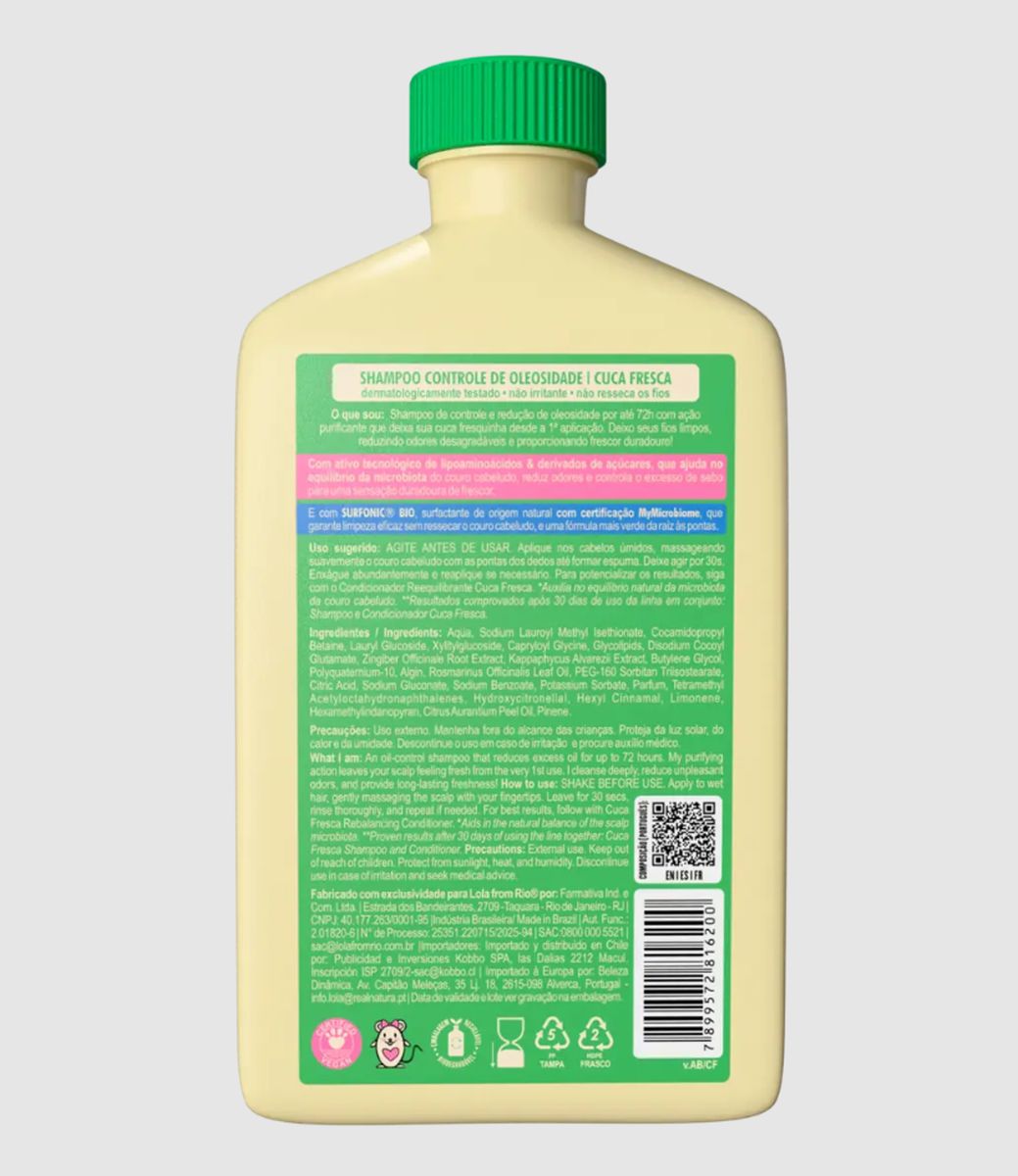 SHAMPOO CONTROLE DE OLEOSIDADE CUCA FRESCA LOLA COSMETICS 250ML COM ACESSÓRIO DE