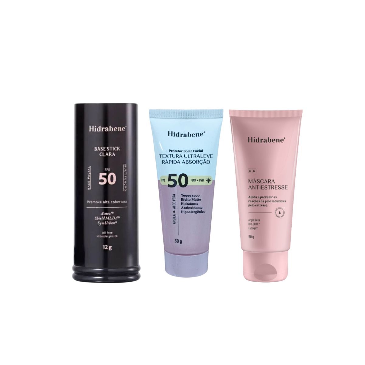KIT HIDRABENE PROTETOR FACIAL FPS50+BASE STICK CLARA+MÁSCARA ANTIESTRESSE 50G