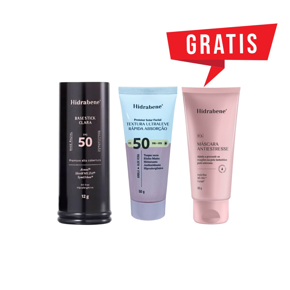 KIT HIDRABENE PROTETOR FACIAL FPS50+BASE STICK CLARA+MÁSCARA ANTIESTRESSE 50G