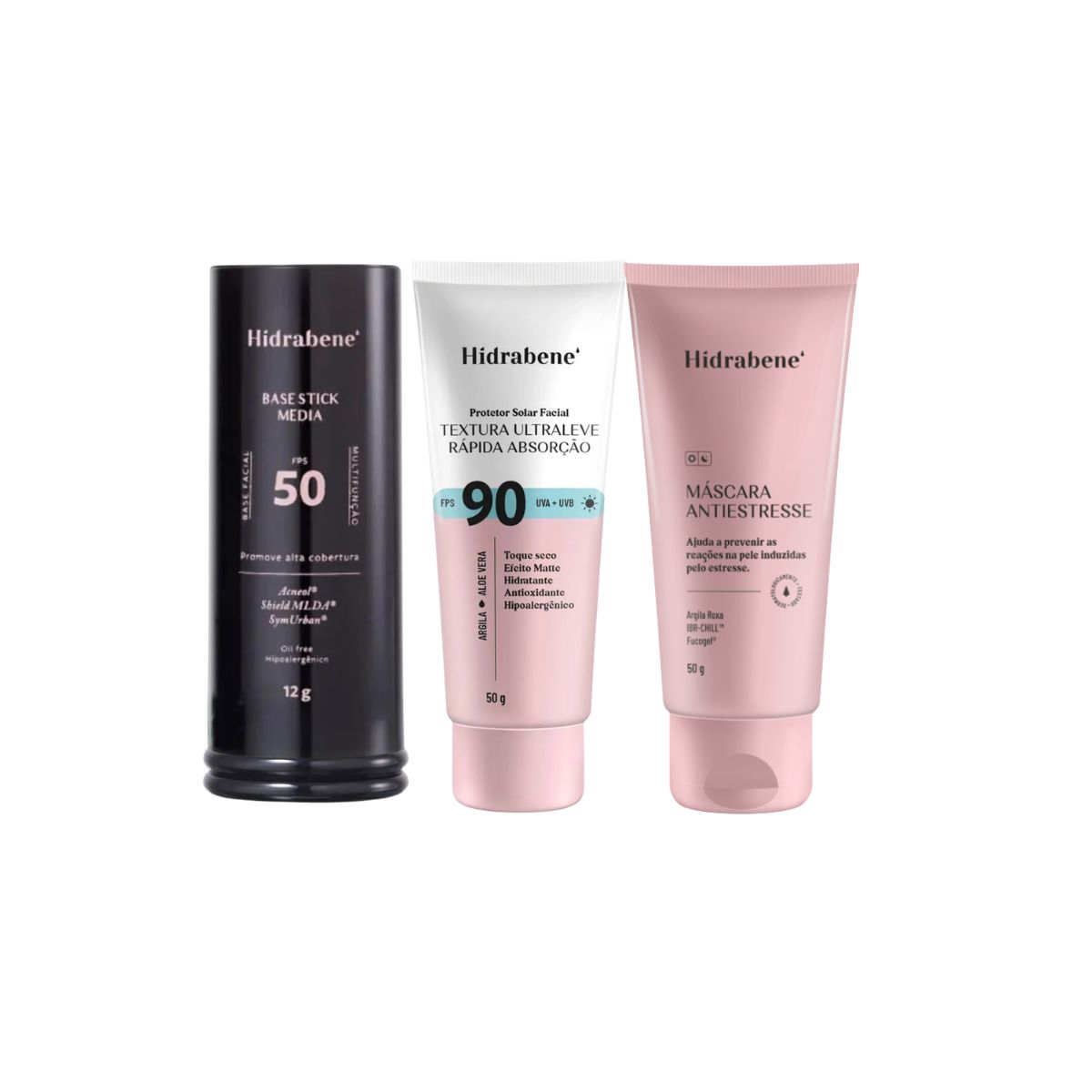 KIT HIDRABENE PROTETOR FACIAL FPS90+BASE STICK MÉDIA+MÁSCARA ANTIESTRESSE 50G