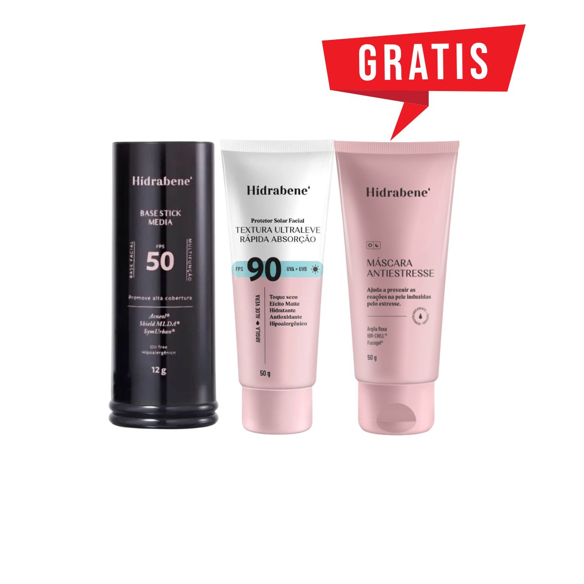 KIT HIDRABENE PROTETOR FACIAL FPS90+BASE STICK MÉDIA+MÁSCARA ANTIESTRESSE 50G