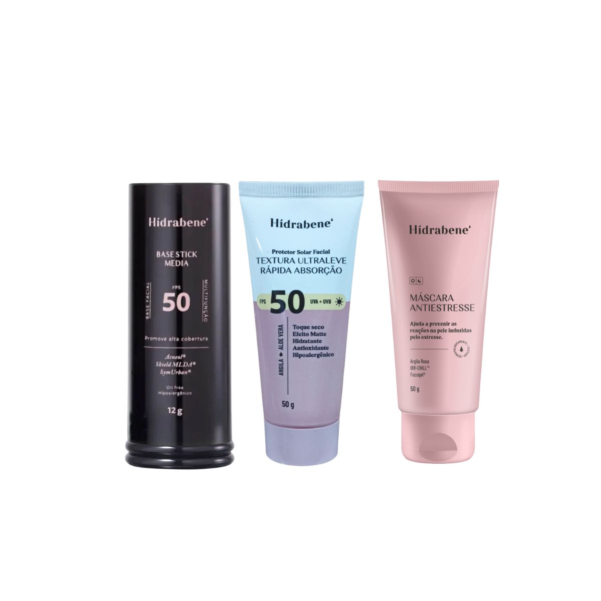 KIT HIDRABENE PROTETOR FACIAL FPS50+BASE STICK MÉDIA+MÁSCARA ANTIESTRESSE 50G
