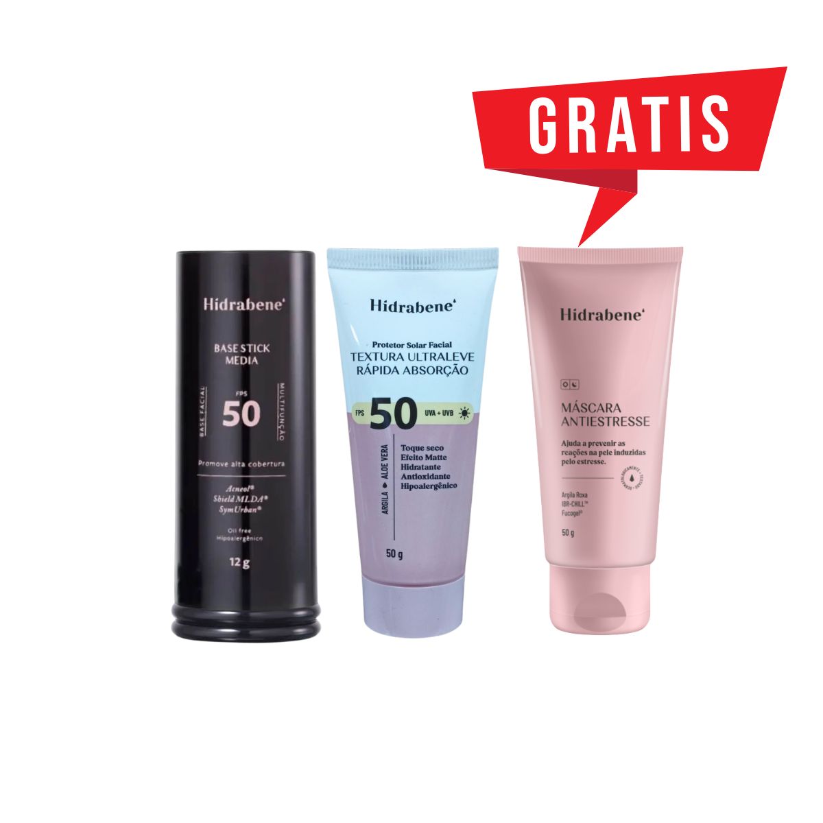 KIT HIDRABENE PROTETOR FACIAL FPS50+BASE STICK MÉDIA+MÁSCARA ANTIESTRESSE 50G
