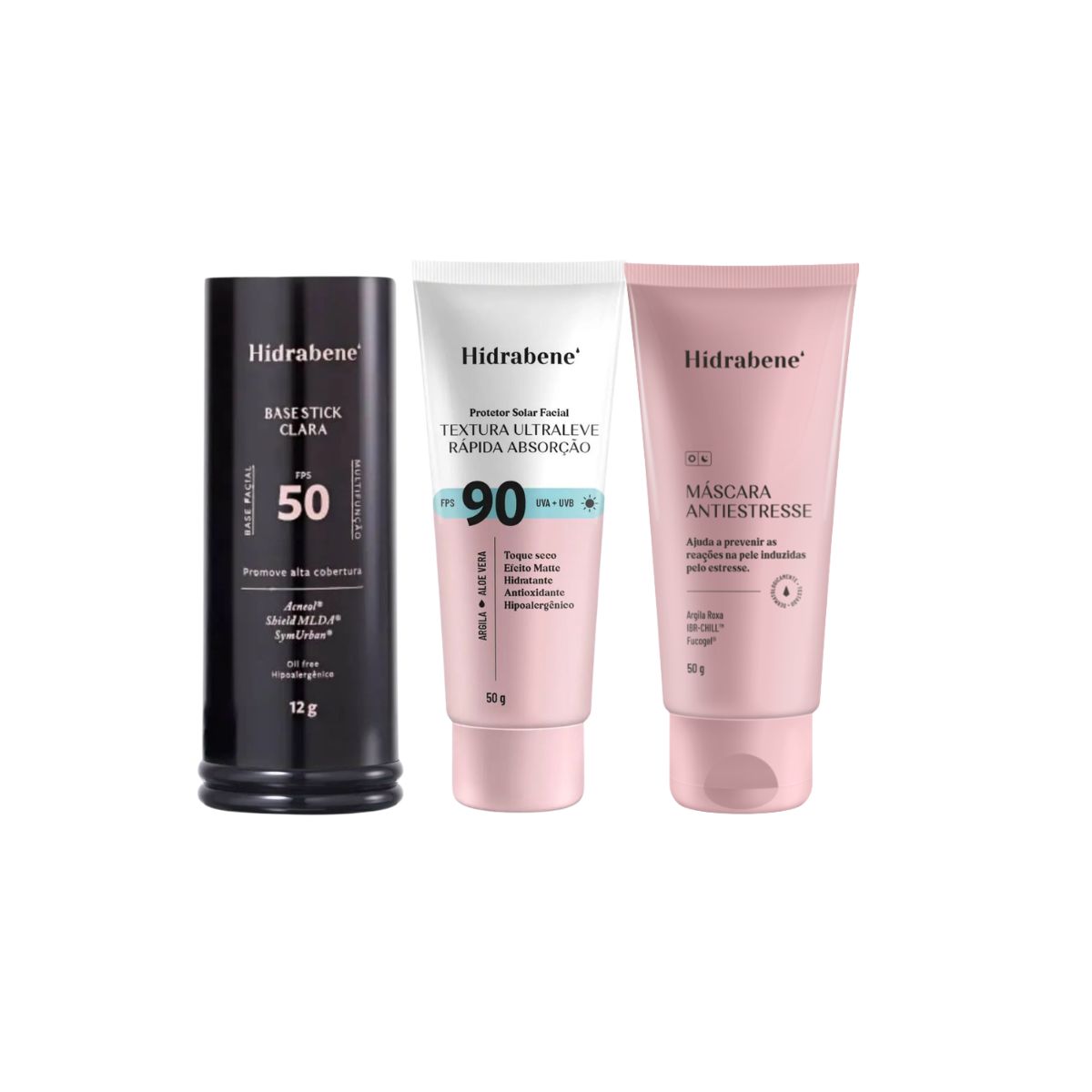 KIT HIDRABENE PROTETOR FACIAL FPS90+BASE STICK CLARA+MÁSCARA ANTIESTRESSE 50G