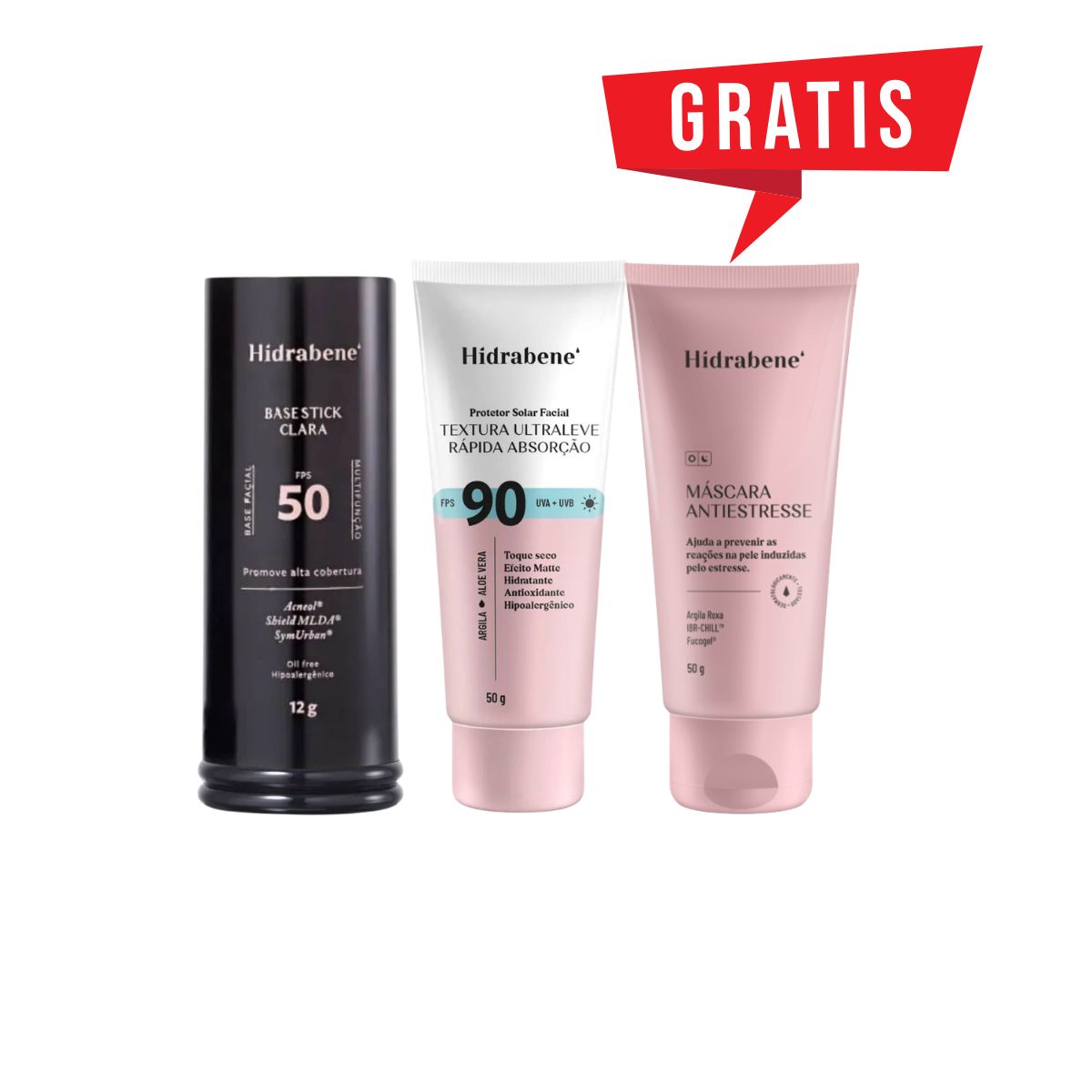 KIT HIDRABENE PROTETOR FACIAL FPS90+BASE STICK CLARA+MÁSCARA ANTIESTRESSE 50G
