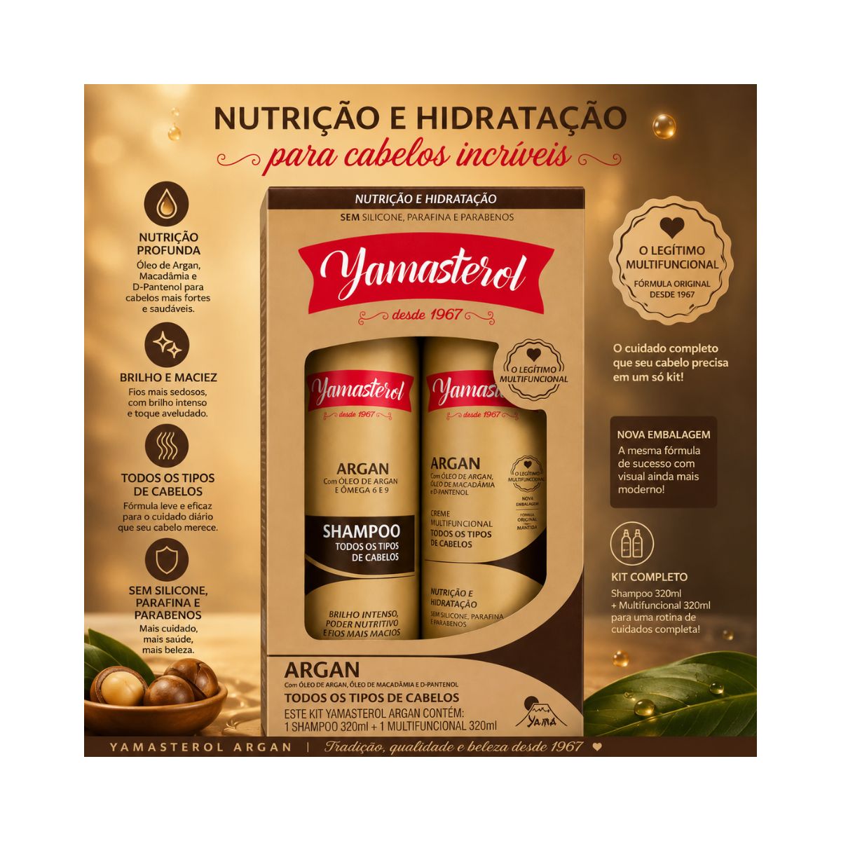 KIT YAMASTEROL ARGAN SHAMPOO E MULTIFUNCIONAL YAMA 320ML