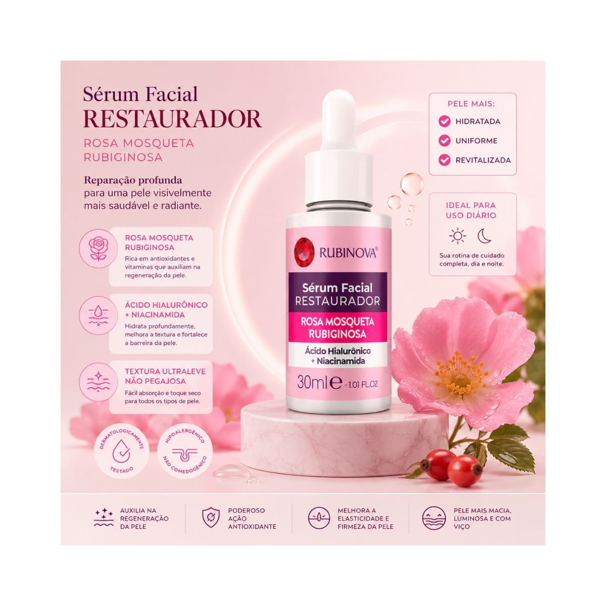 SÉRUM FACIAL COM ROSA MOSQUETA RUBINOVA 30ML