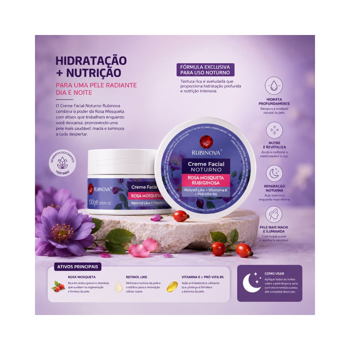 CREME FACIAL NOTURNO ROSA MOSQUETA RUBINOVA 100GR
