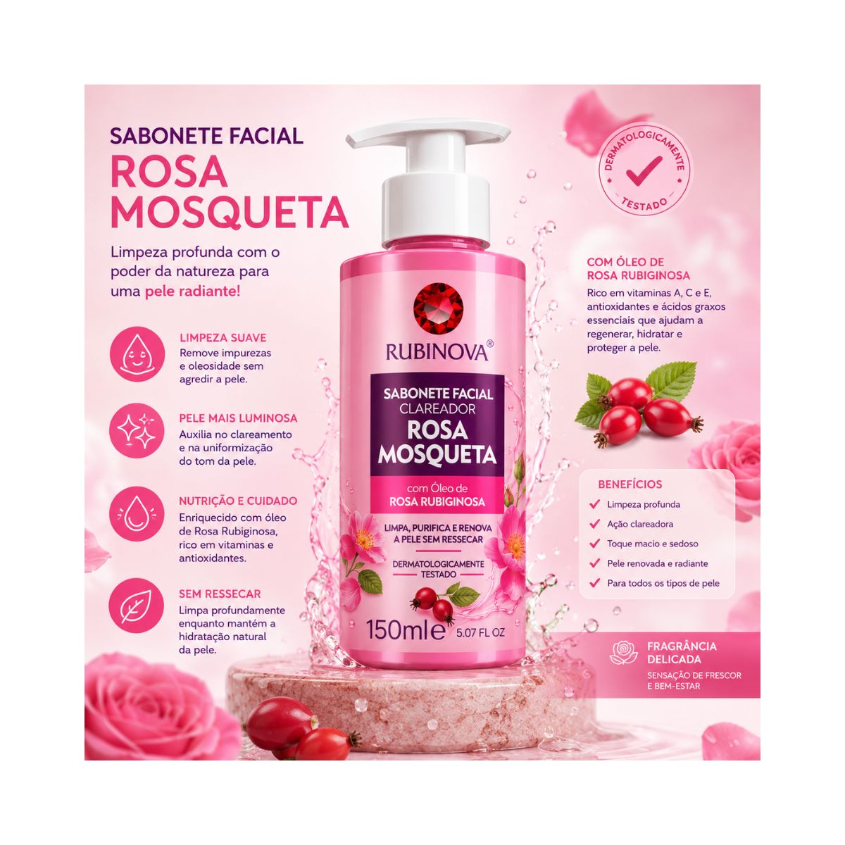 SABONETE FACIAL CLAREADOR ROSA MOSQUETA RUBINOVA 150ML