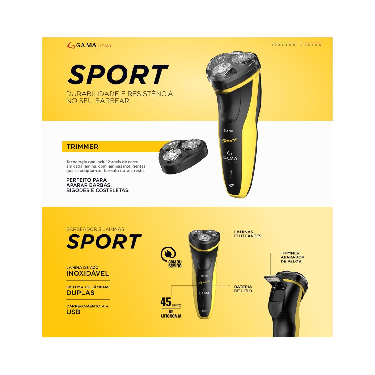 BARBEADOR 3 LAMINAS GSH700 SPORT USB GAMA ITALY
