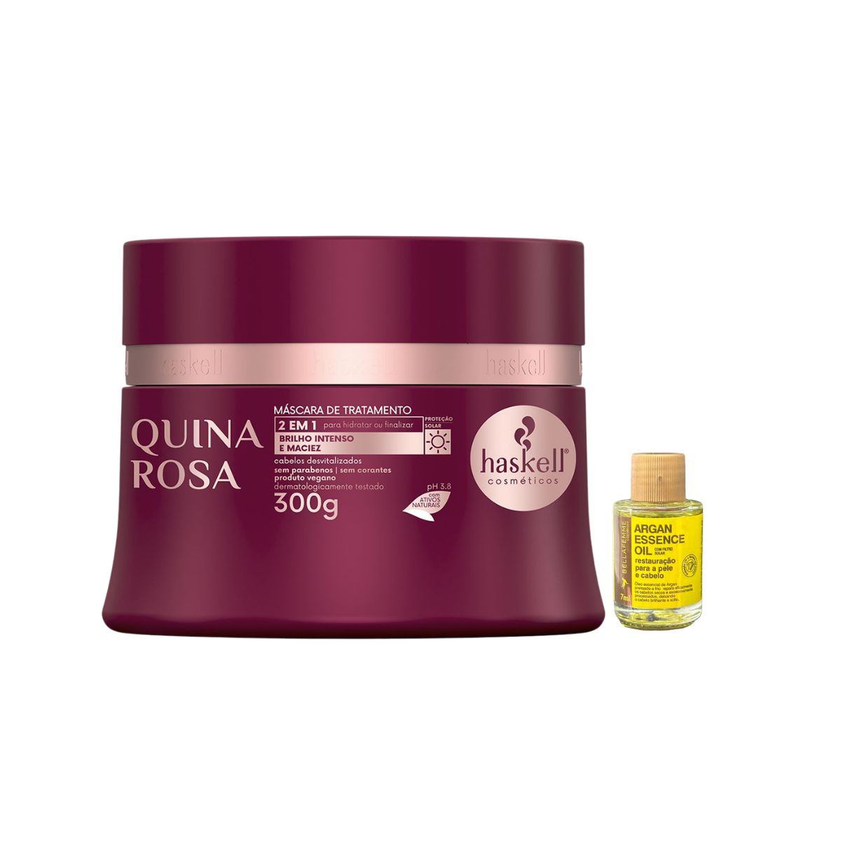 MÁSCARA DE HIDRATAÇÃO QUINA ROSA HASKELL 300G COM ÓLEO BELLA FEMME 7ML