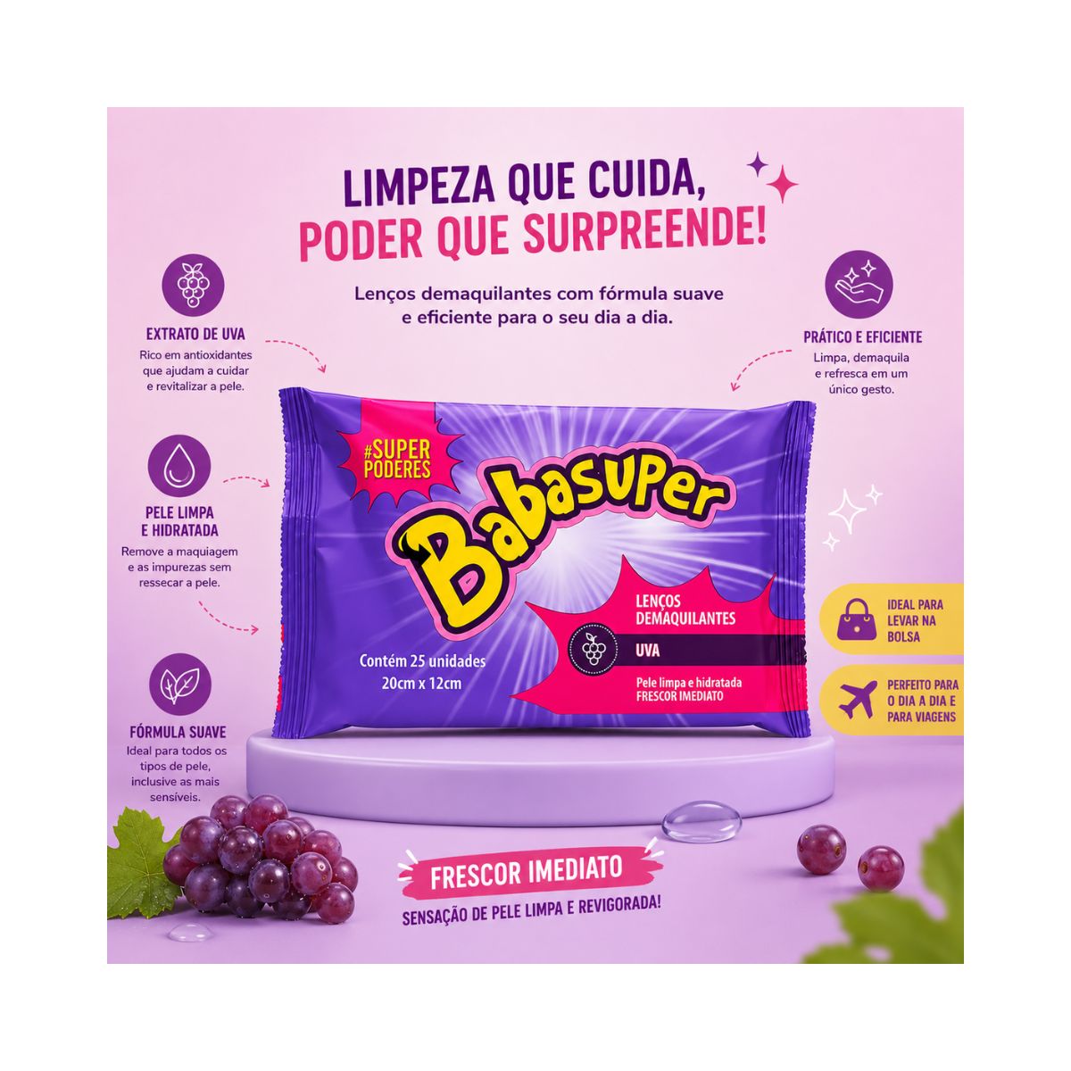 LENÇO DEMAQUILANTE BABASUPER UVA SUPER PODERES COM 25 UNIDADES