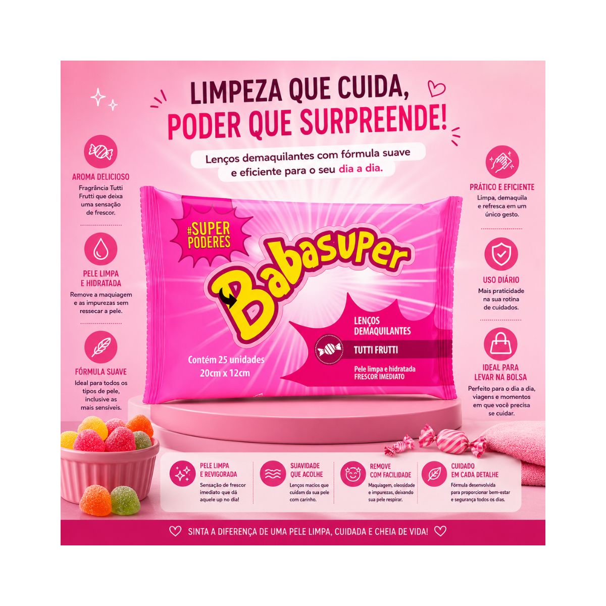 LENÇO DEMAQUILANTE BABASUPER TUTTI FRUTTI SUPER PODERES COM 25 UNIDADES