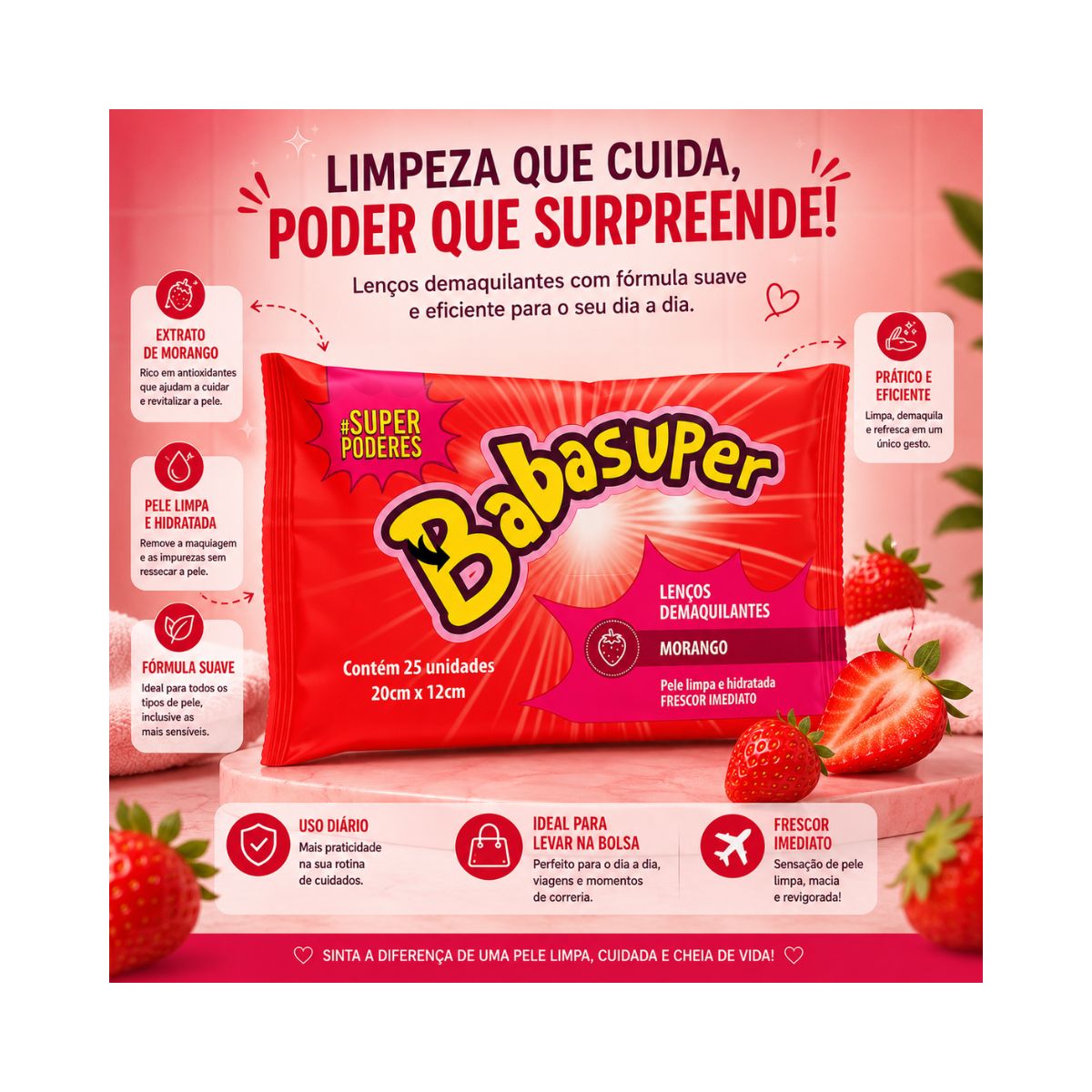 LENÇOS DEMAQUILANTES BABASUPER MORANGO SUPER PODERES COM 25 UNIDADES