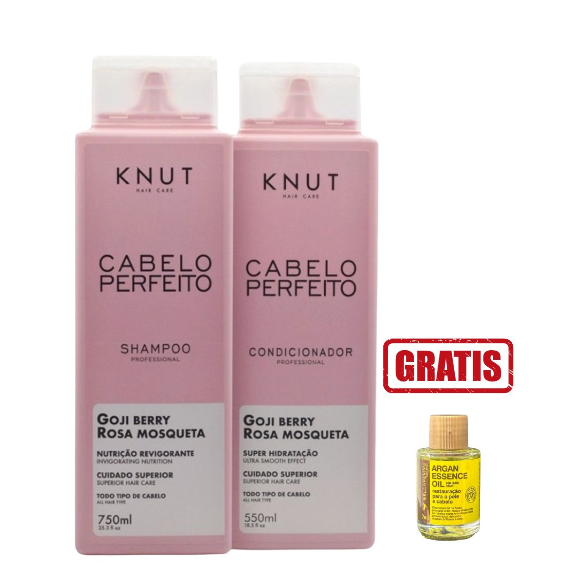 KIT SHAMPOO 750ML+CONDICIONADOR 500ML CABELO PERFEITO KNUT COM ÓLEO 7ML