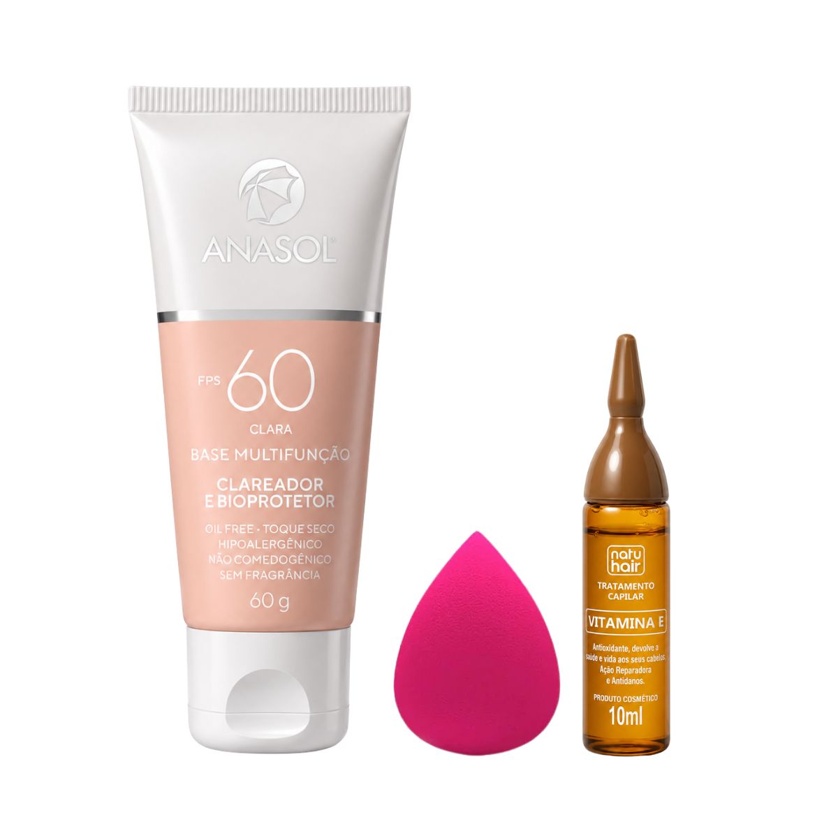 KIT ANASOL BASE CLARA MULTIFUNÇÃO FPS60 60G + ESPONJA DE MAQUIAGUEM + AMPOLA VIT