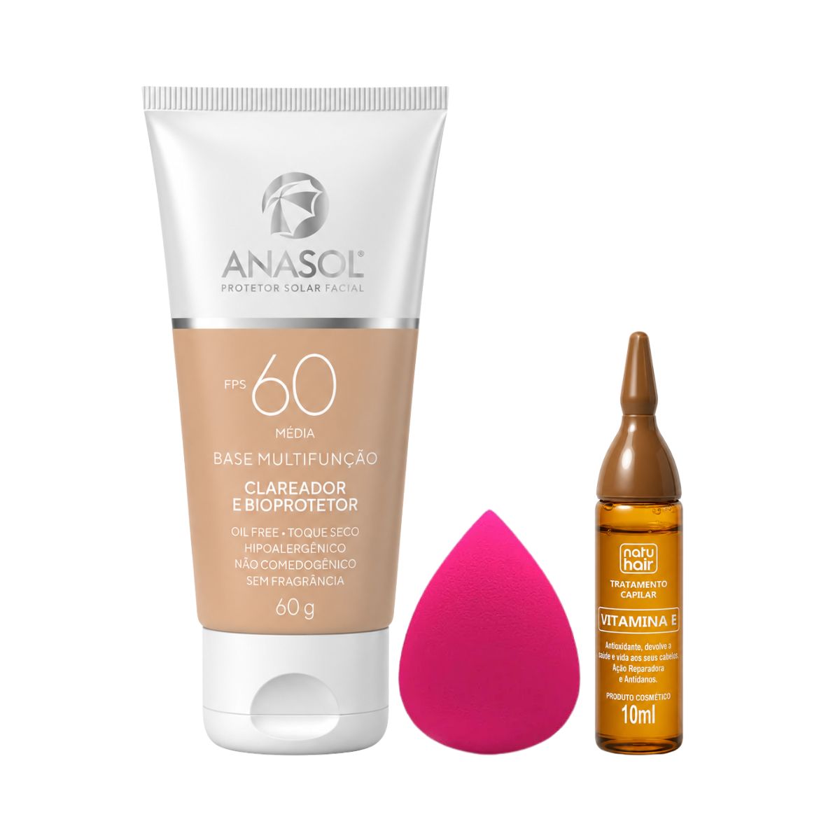 KIT ANASOL BASE MÉDIO MULTIFUNÇÃO FPS60 60G + ESPONJA DE MAQUEIAGEM + EMPOLA VIT