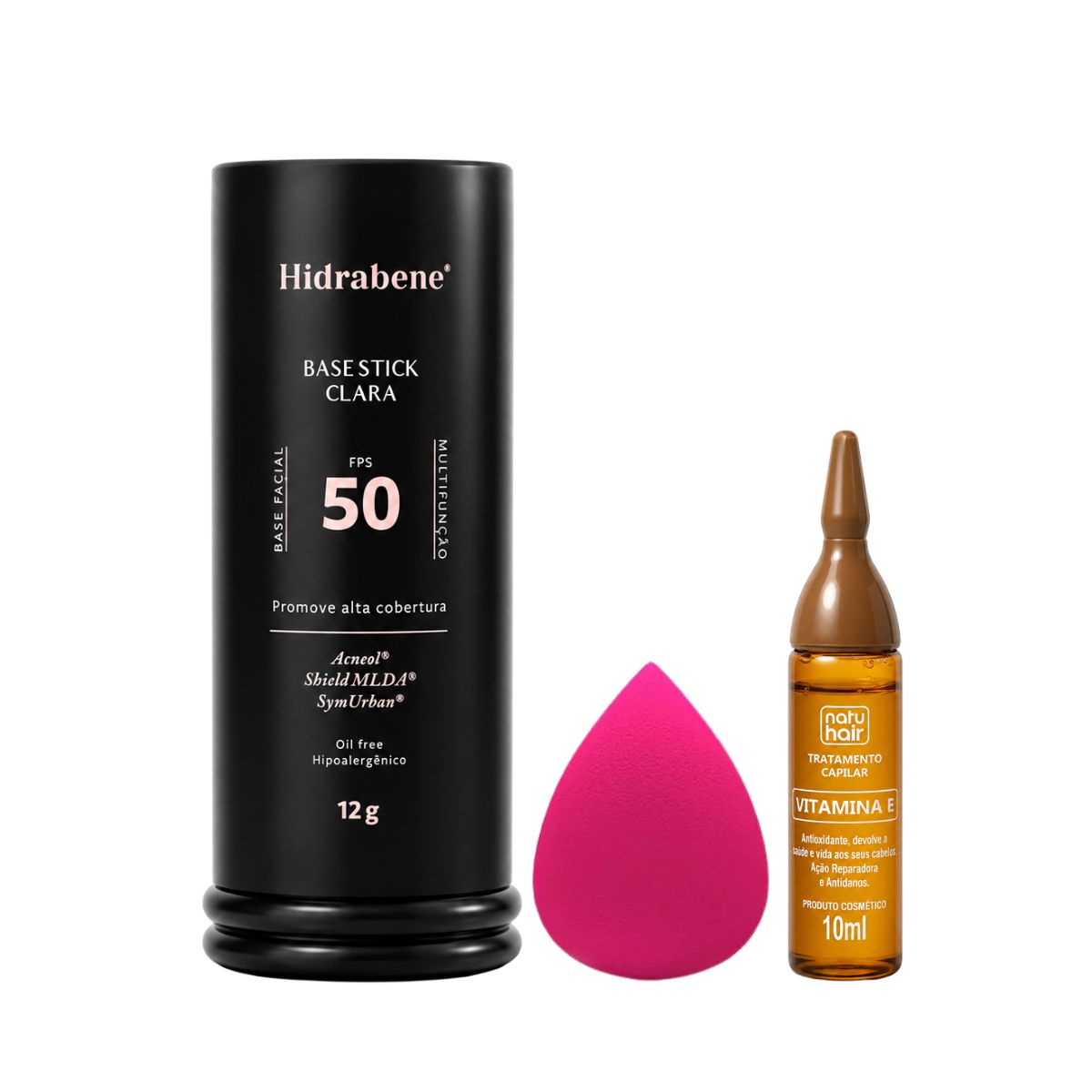KIT HIDRABENE BASE STICK CLARA FPS50 12G + ESPONJA DE MAQUIAGEM + AMPOLA VIT E
