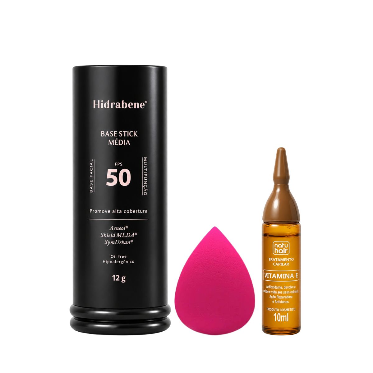 KIT HIDRABENE BASE STICK MÉDIO FPS50 12G + ESPONJA DE MAQUIAGEM + AMPOLA VIT E
