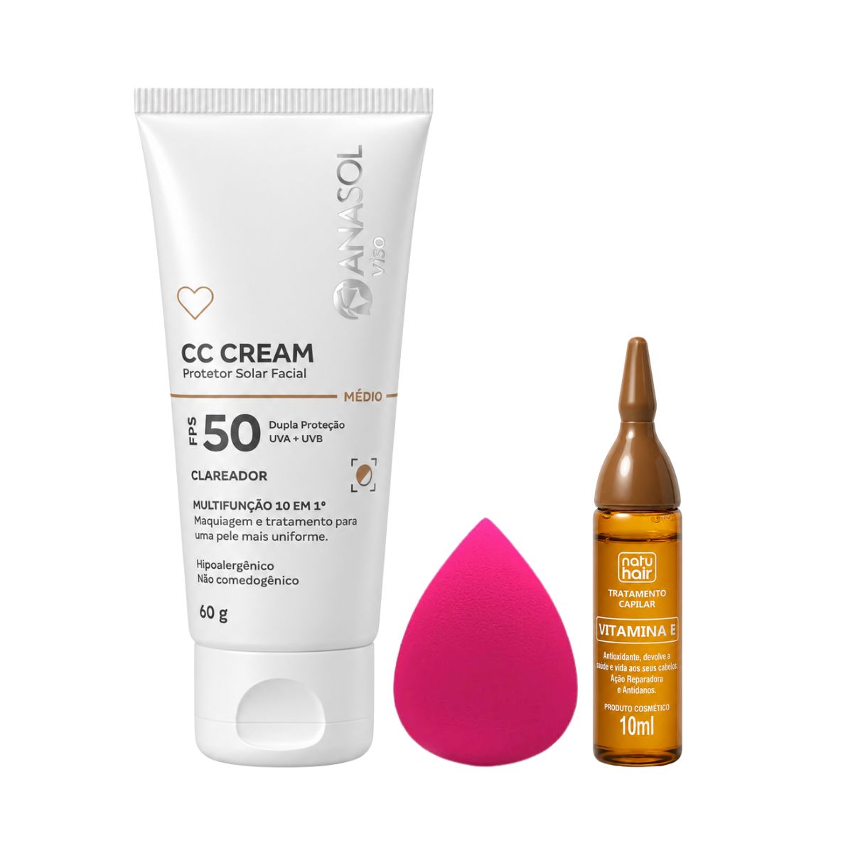 KIT ANASOL CC CREAM FPS50 CLARO + ESPONJA DE MAQUIAGEM + AMPOLA VIT E